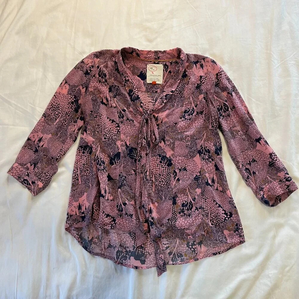 Anthropologie 52 Conversations Colloquial Necktie Blouse 2 Castle Forest Print - Picture 2 of 7